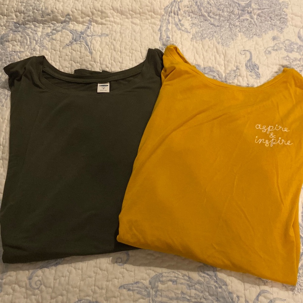 Two women’s size small Old Navy luxe shirts. One mustard and one army green.
